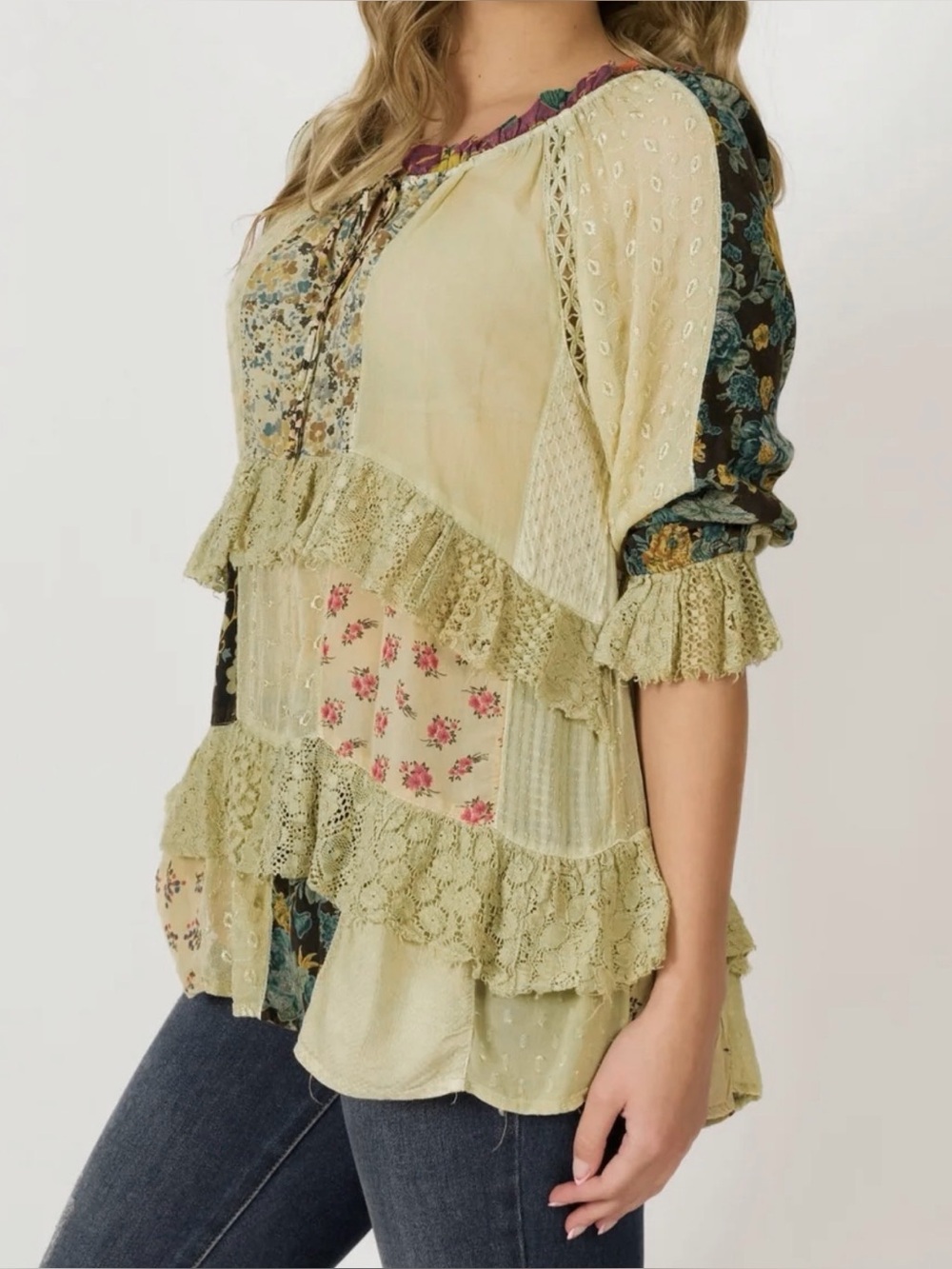 Young Threads Boho Patchwork Ruffle Peasant Top - Picture 4 of 11
